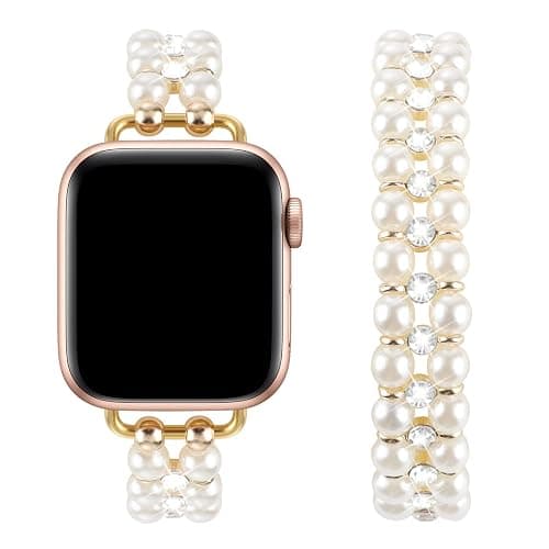 Elastic Pearl Beaded Band Compatible with Apple Watch 38mm 40mm 41mm, Woman Sparkling Bling Diamond Chain Solo Loop Stretch Bracelet Strap Replacement for iWatch Series 9 8 7 6 5 4 3 2 SE - Image 1