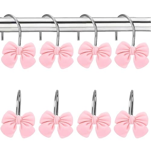 12 Pink Bow Resin Shower Curtain Hooks - Cute Bathroom Decor for Girls, Princesses and Glam Style - Image 1