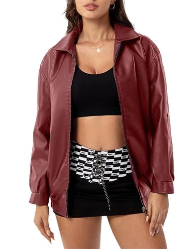 hathne Women's Oversized Leather Jackets Faux Zip Up Fall Fashion Motorcycle Jackets Coats Winter Clothes thumbnail 2