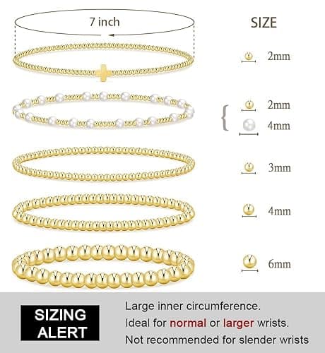Gold Beaded Bracelets for Women, 14K Real Gold Plated Jewelry for Women Dainty Pearl Bead Bracelets Stack, Non Tarnish Trendy Stackable Ball Cross Stretch Bracelet Set Fashion Accessories Gifts thumbnail 2