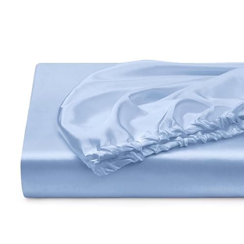 Full Silk Satin Fitted Sheet, Soft Deep Pocket Single Bottom Bed Sheets Sold Separately, Wrinkle Free, Non- Fading, Breathable, Fully Elasticized(Full Size, Light Blue) thumbnail 5