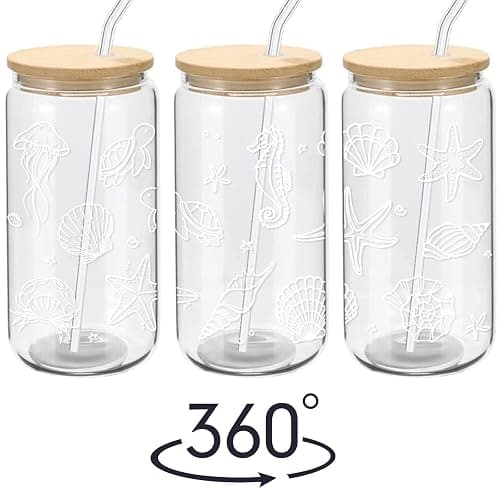 Mikopei Beach Gifts for Women - Ocean Animals Glass Cup with Lid and Straw, Cleaning Brush, Beach Room Decor, Coastal Decor for Home, Beachy Decorations, Iced Coffee Cup Tumbler, 16 oz thumbnail 3