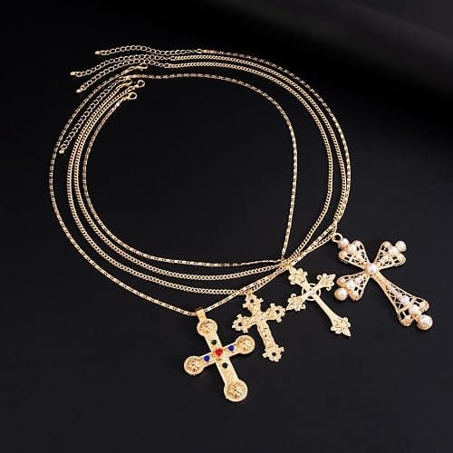 Cross Pendant Necklace Set for Women Punk Grunge Imitation Pearl Cross Layered Chain Necklace Statement Y2K Jewelry thumbnail 4