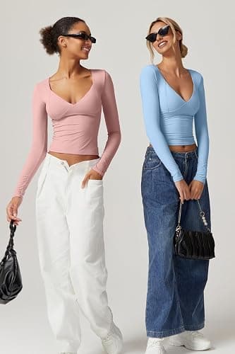 QINSEN Women's Long Sleeve V Neck T Shirts Double Lined Crop Top Seamed Cup Going Out Tops thumbnail 3
