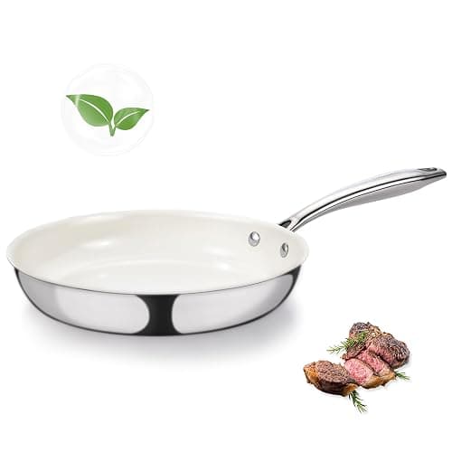 SAKAMOSH 8" Tri-Ply Stainless Steel Frying Pan, Nonstick Ceramic Pan, Skillet with Stay-Cool Handle, Non Toxic, PFAS PFOA PTFE Free, Dishwasher & Oven Safe, Induction, Compatible with All Cooktops - Image 1