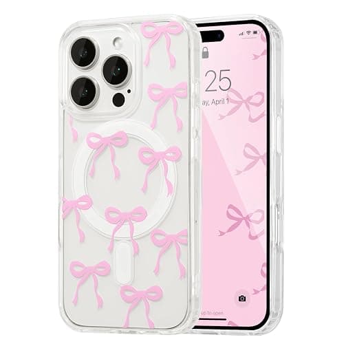 UEEBAI Magnetic for iPhone 15 Pro Max Case, Bow Case Compatible with MagSafe, Wireless Slim Clear Ribbon Aesthetic Phone Cover Anti-Yellowing Shockproof Protective Cover for Women Girl - Pink - Image 1