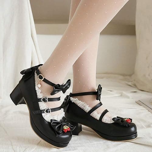 Parisuit Womens Mary Jane Chunky Heel Platform Pumps Bowtie Heart Strap Lace Kawaii Maid Shoes - 11.5 - Black thumbnail 7