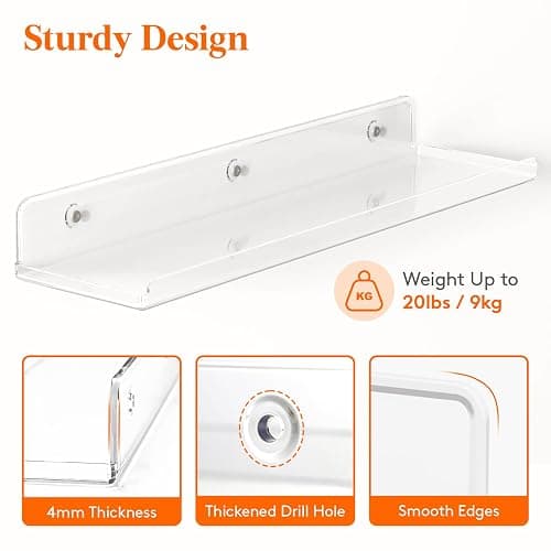 Lifewit Floating Shelves for Bathroom, Acrylic Display Shelf Wall Mounted for Makeup, Skincare, Nail Polish, Book, 14" Perfume Organizer for Bedroom, Living Room, Nursery, Home Decor, Clear, 4 Pack thumbnail 5