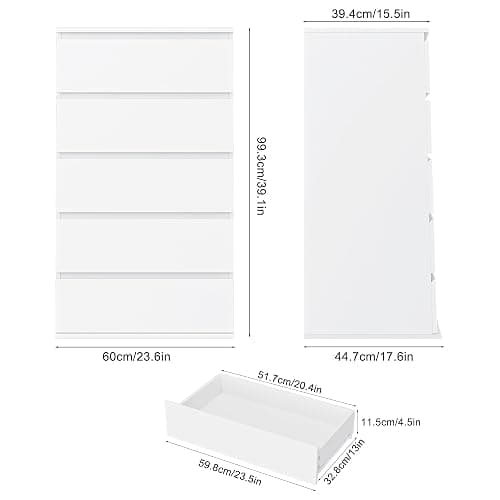 FOTOSOK White Dresser, 5 Drawer Dresser Tall White Dresser with Large Storage Space, Modern Storage Chest of Drawers, 23.6L x 17.6W x 39.1H Inch Storage Organizer Cabinet for Home, White thumbnail 3