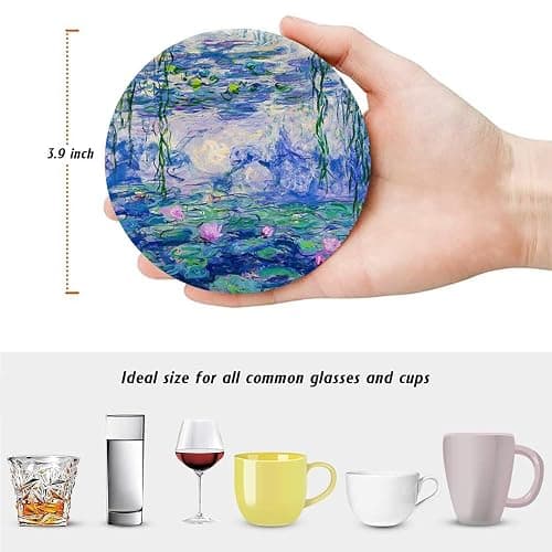 6 Pcs Drink Coasters with Holder, Claude Monet Water Lilies Absorbent Round Ceramic Coaster for Tabletop Protection, Home Decor Coasters for Coffee Cup Beverage Wine Beer Bar thumbnail 3
