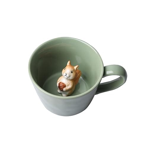 DIHOclub Squirrel Ceramic Cup Hidden 3D Animal Inside Mug,Cute Cartoon Handmade Figurine Mugs,Holiday and Birthday Gift for Coffee Milk Tea Lovers,12 OZ(Light Green) - Light Green - Image 1