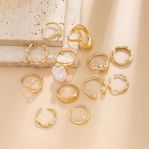 LKingel Chunky Gold Rings for Women Gold Baroque Pearl Rings Open Adjustable Pearl Ring Stacking Knuckles Rings Set Boho Prom Costume Fashion Jewelry for Women 2025 thumbnail 6