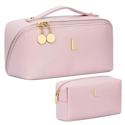 CLOUDWINGS Birthday Gifts for Women Teen Girl, Personalized Initial Makeup Organizer Bag Set, Open Flat Travel Cosmetic Bag With Clear Divider and Handle(Pink,L) - Image 1