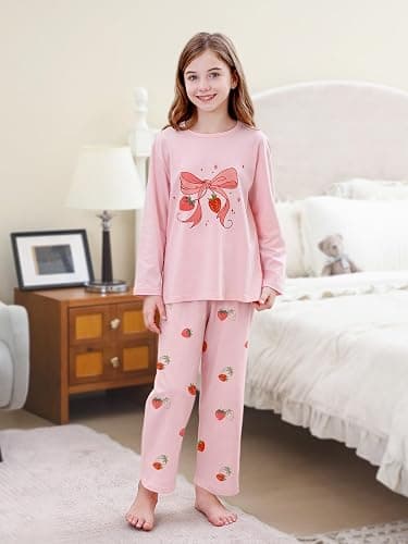 Umeyda 2-Piece Pajama Set for Girls, Cotton Cartoon Pattern Sleepwear Pjs Set Size 5-14 thumbnail 2