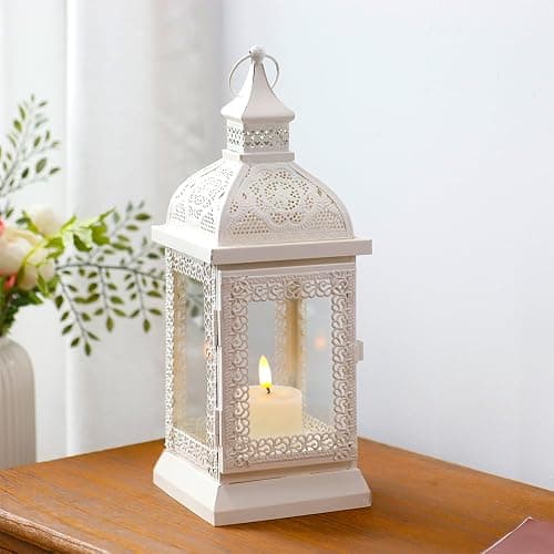 TRIROCKS Rustic Style Metal Candle Lantern 13'' High Decorative Outdoor Lantern Candle Holder with Tempered Glass for Home Living Room Garden Patio Parties Indoors Outdoors (Cream) thumbnail 5