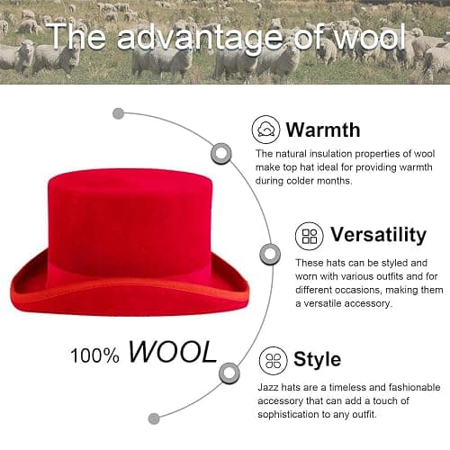 Punctualgood Wool Felt Top Hat Victorian Mad Hatter 6" Magic Hat Gentlemen Performing Jazz Caps Rock Hat for Men Women Gift thumbnail 5