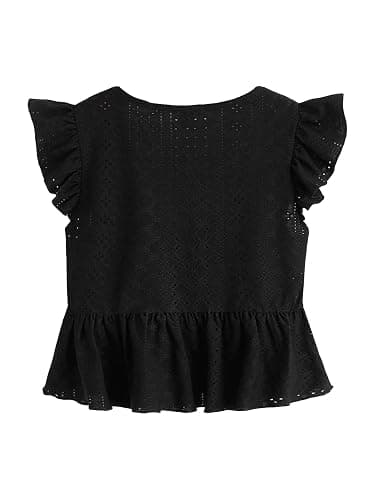 SweatyRocks Women's Babydoll Pelpum Top Ruffle Hem Eyelet Cap Sleeve Shirts Sweetheart Neck Blouse thumbnail 2