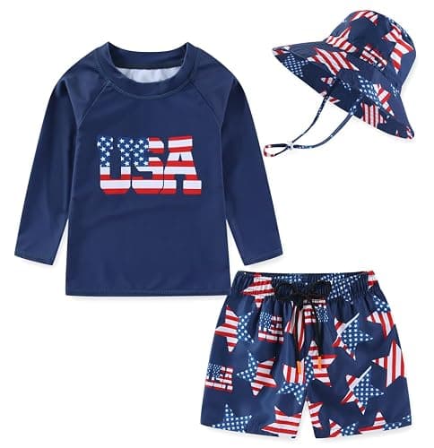 Baby Toddler Boys UPF 50+ Rashguard Set Swimsuit with Sun Hat Bathing Suit Swimwear for Beach Pool Sun Protection - Image 1