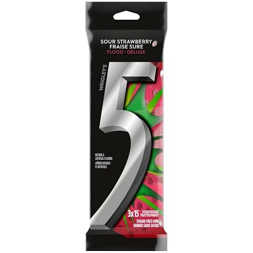 5 GUM, Strawberry-Flood Flavoured Sugar Free Chewing Gum, 15 Sticks, 3 Packs - Image 1