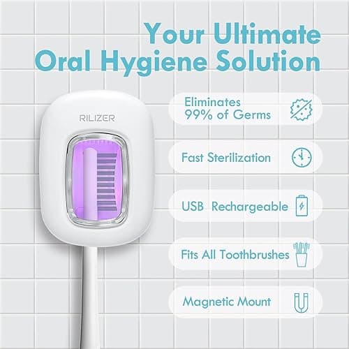 RILIZER UV Toothbrush Sanitizer Cover, Rechargeable Travel Cap with Magnetic Wall Mount, Portable Cleaner for Any Size Toothbrush - White thumbnail 2