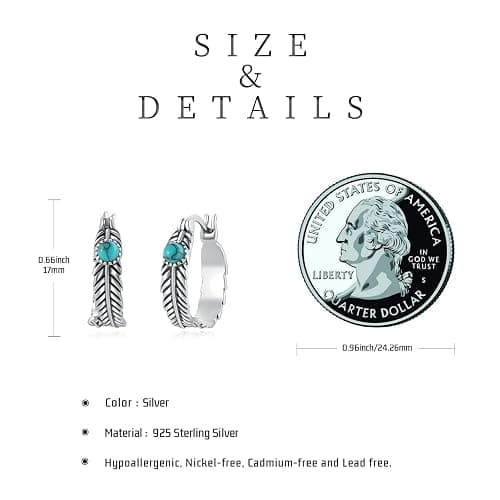 Feather Hoop Earrings 925 Sterling Silver Turquoise Earrings Western Jewelry Feather Gifts for Women thumbnail 4
