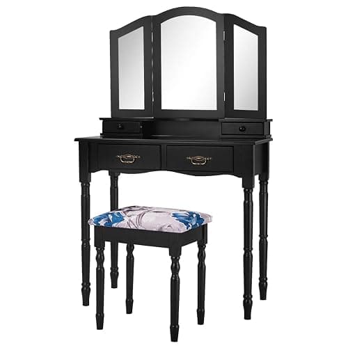 Giantex Vanity Set with Tri-Folding Mirror, Makeup Dressing Table with 4 Drawers and Storage Shelf, Modern Bedroom Bathroom Makeup Vanity Desk with Cushioned Stool for Girls Women (Black) thumbnail 9
