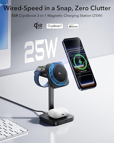 ESR Station de Charge 3-en-1, Certifiée Qi 2.2, 25 W, MagSafe, avec CryoBoost, pour iPhone 16/15/14/13/12, AirPods, Apple Watch, Noir thumbnail 8