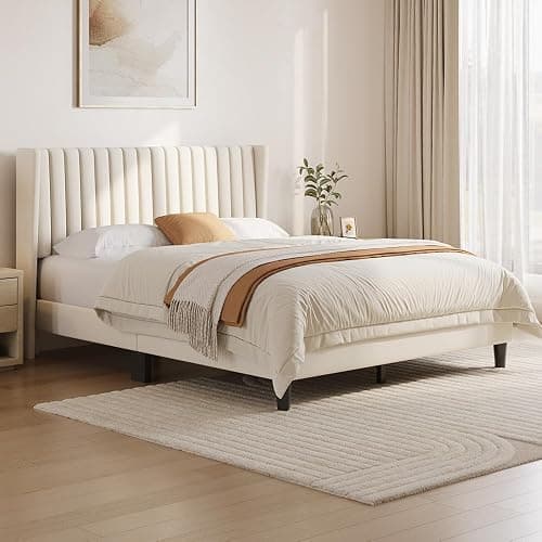 Yaheetech Queen Bed Frame Upholstered Platform Bed with Fabric Headboard, Wing Edge Design/Non-Slip and Noise-Free/Wooden Slats Support/No Box Spring Needed/Easy Assembly, Ivory Queen Bed thumbnail 3