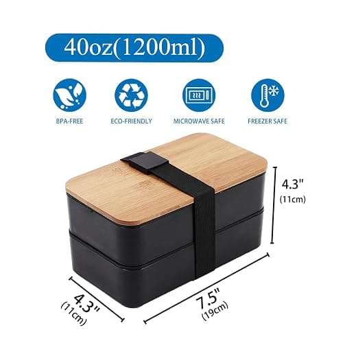 Japanese Bamboo Bento Box with Compartments and Utensils Stackable Lunch Box Includes Lunch Bag for Meal Prep Black thumbnail 2