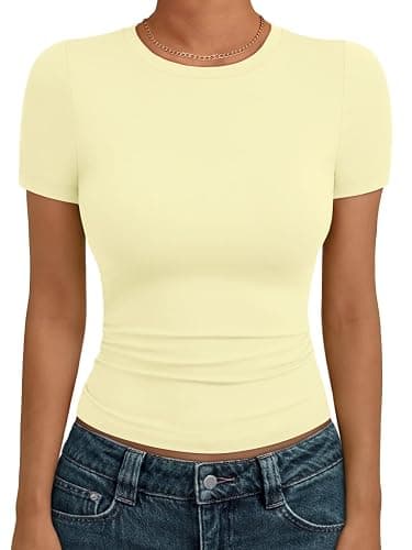 AUTOMET Women's Crew Neck Short Sleeve Basic Stretchy Tight Fitted T-Shirt - Image 1