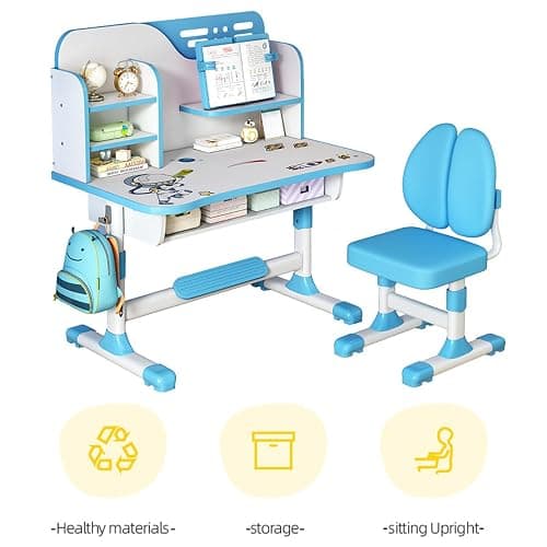 Tazauue Kids Desk and Chair Set, Height Adjustable Children Study Table and Chair, Desk for Kids, Toddler Writing Table with Bookstand and Storage Drawer, Mesa para Niños for Boys Girls thumbnail 9