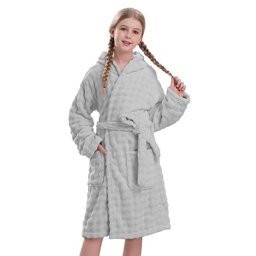 V.&GRIN Girls Hooded Towel Robe, Soft Microfiber Quick-Dry Bathrobe | Soft Bubble Texture with Super Absorbent Microfiber. For Girls 5-14 Years, Perfect After Shower, Swimming, Spa and Lounging - Image 1