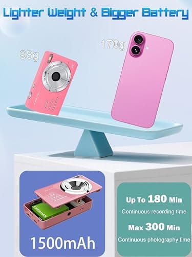 AIRSMIL Digital Camera 4K 64MP 18X Zoom Compact Vlogging Camera with 2.8 inch Screen, 64GB microSD Card 1500mAh Battery HD Digital Video Camera for Boys, Girls, Teens, and Beginners(4K Camera Pink) thumbnail 5