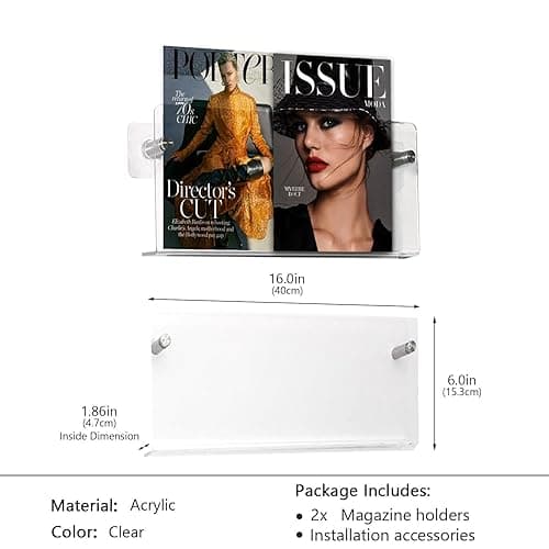 ZQDQIUQIU 2 Pack Acrylic Magazine Holder, Wall Mounted Magazine Rack Floating Bookshelf for Waiting Room, Living Room, Office, Home (Clear, 16 Inch) - Clear - 16 Inch thumbnail 3