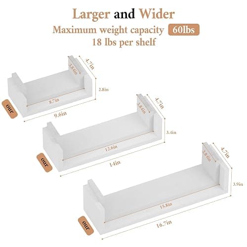 SRIWATANA Floating Shelves Wall Mounted, Solid Wood Wall Shelves, White thumbnail 3