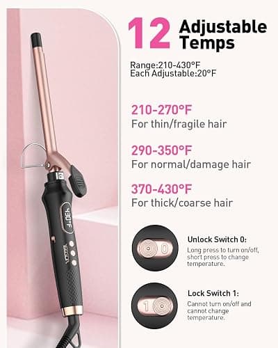YEEGOR 1/2 inch Thin Curling Iron，Extra Long Barrel Culing Wannd，100-240V Dual Voltage Small Hair Curler for Tight Curls，12 Temps - 1/2 Inch thumbnail 3