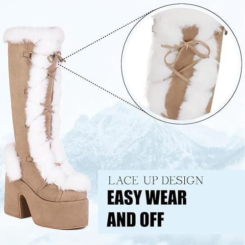 CELNEPHO Knee High Boots For Womens Side Zipper Warm Faux Fur Platform Chunky Heel Punk Goth Walking Winter Snow Boots thumbnail 7