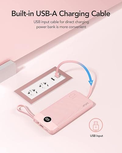 VRURC Portable Charger 10000mAh, Slim Power Bank for iPhone, Battery Pack with LED Display, 5 Output 2 Input, Built-in USB C Cables Phone Charger Compatible with iPhone,Samsung,Android etc-Pink thumbnail 7