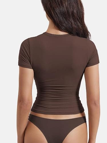 YEOREO Women Fitted Workout Tops Short Sleeve Double Lined Basic Y2K Going Out Crew Neck Compression Crop Top thumbnail 2