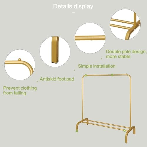 JIUYOTREE Metal 43.3 Inches Garment Rack with Bottom Shelf Clothing Rack for Hanging Clothes Coats Skirts Shirts Sweaters Gold - Gold - no wheel thumbnail 7