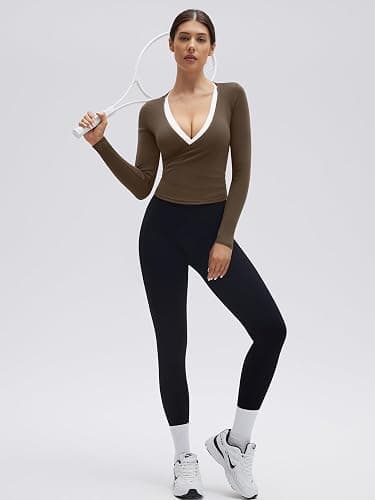 SUUKSESS Women Pilates Wrap Workout Cropped Top Ribbed Long Sleeve V Neck Tie Front Ballet Yoga Shrug Blouse thumbnail 3