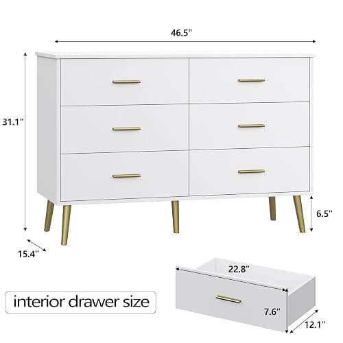 White Dresser for Bedroom, Dressers & Chests of Drawers for Clothes Storage, Wood Dresser for Closet with 6 Drawers, Wide Long Clothes Organizer with LED Light for Hallway, Entryway, Metal Handles thumbnail 2
