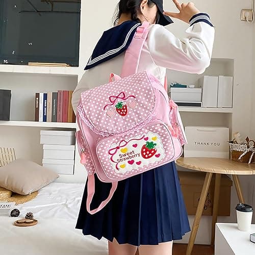 Lovemore Kawaii Embroidery Strawberry Backpack for Girl Teen Student School Bag Satchel Cute Pink Lace JK Backpack thumbnail 4