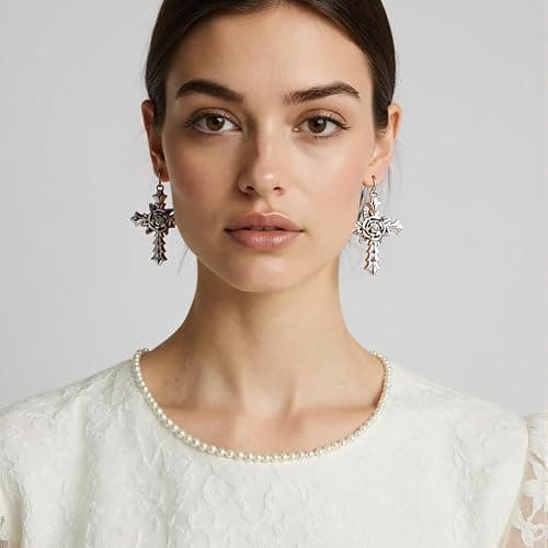 KURTCB Layered Pearl Cross Jewelry Set Statement Chunky Y2k Gothic Pearl Necklace and Earrings Bracelet for Women thumbnail 5