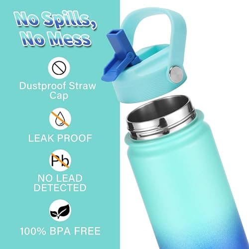Mininoo Insulated Stainless Steel Kids Water Bottle for School with Straw Lid & Strap, 50 Stickers, 18 oz(Sky/Blue) thumbnail 3