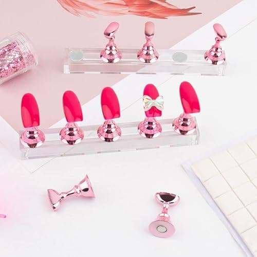Difenni Nail Stands Acrylic Nail Art,Press on Nail Stand Magnetic Nail Tips Practice Holder 54 Pcs Reusable Adhesive Putty for DIY Painting(Pink thumbnail 7