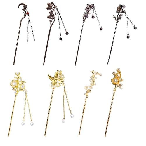 8 Pcs Chinese Hair Sticks Set, Gold White Japanese Hair Stick with Pearl Butterfly Flower Design, Metal Hairpins for Women Girls, Traditional Asian Hair Accessories for Bun Updo (Black and Gold) thumbnail 7