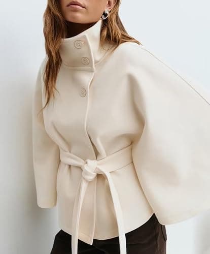 Zoziiee Womens Batwing Sleeve Poncho Pea Coats Elegant Stand Collor Capes Jacket Cloak Belted Fall Trendy Casual Outerwear thumbnail 3