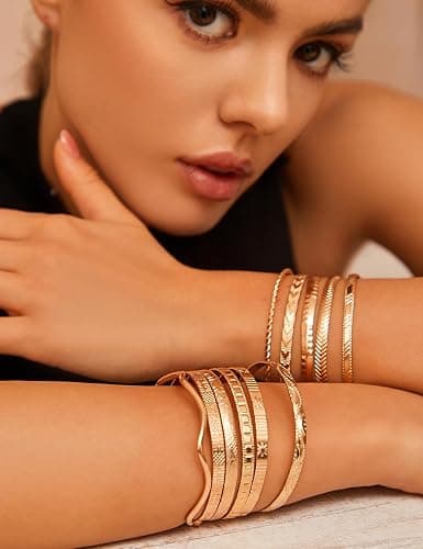 KISS WIFE 11 Pcs Gold Bangles for Women, Adjustable Bangle Bracelets, Multi Layer Open Stackable Cuff Bracelet Set, Fashion Accessories Jewelry Gifts for Women thumbnail 5
