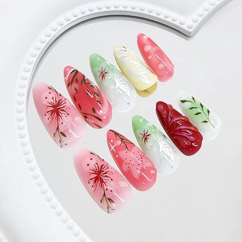 24pcs Flower Press on Nails Medium Almond Fake Nails with 3D Pink Summer Floral Designs Gradient False Nails Butterfly Glue on Nail Cute Flowers Acrylic NailsFull Cover Stick on Nails for Women thumbnail 6